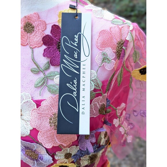 DALIA MACPHEE Lace Embroidered 3D Pink Floral Appliqué Maxi Dress Gown D2020 Med - Picture 11 of 15